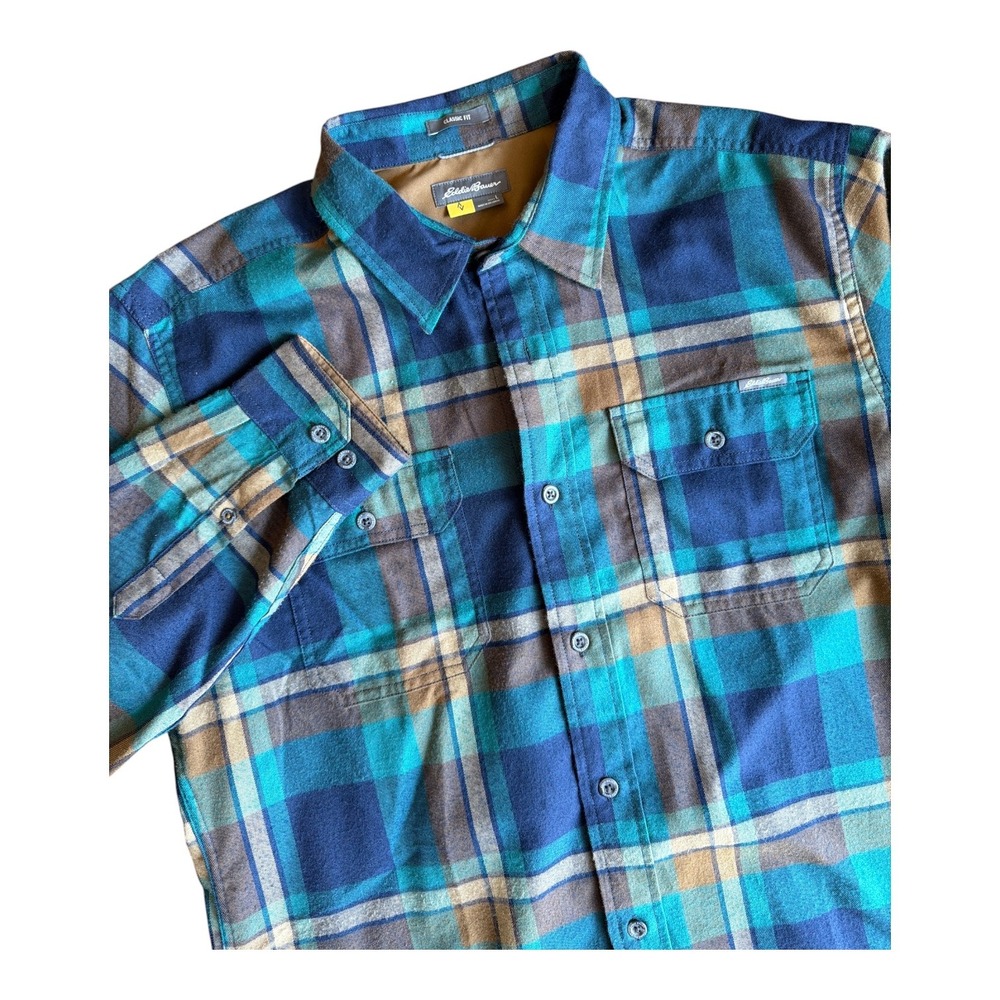 Eddie Bauer Mens L Classic Fit Flannel Shirt Blue Teal Plaid Long Sleeve 0667